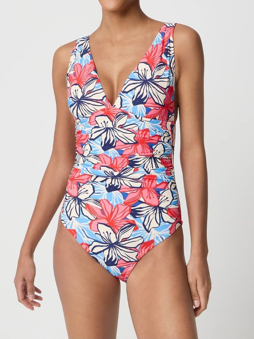 J. Crew RUCHED PLUNGING Floral  One-Piece in Coral, Blue & Cream SIZE L NEW - Picture 2 of 15